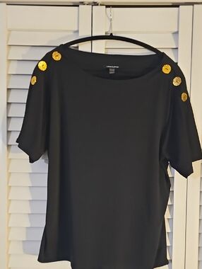 Cable & GaugeBlack Short Sleeve Top with Gold Sequin Buttons
